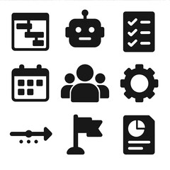 AI Project Management Icons. Solid, Filled icon set of project management with AI support: Gantt chart, AI robot, checklist,