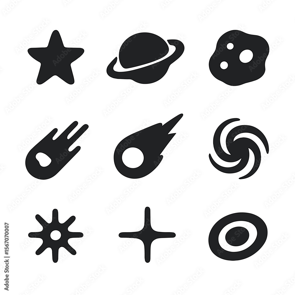 Poster celestial icons grid. solid, filled icon set of celestial objects: star, planet, asteroid, meteor, c