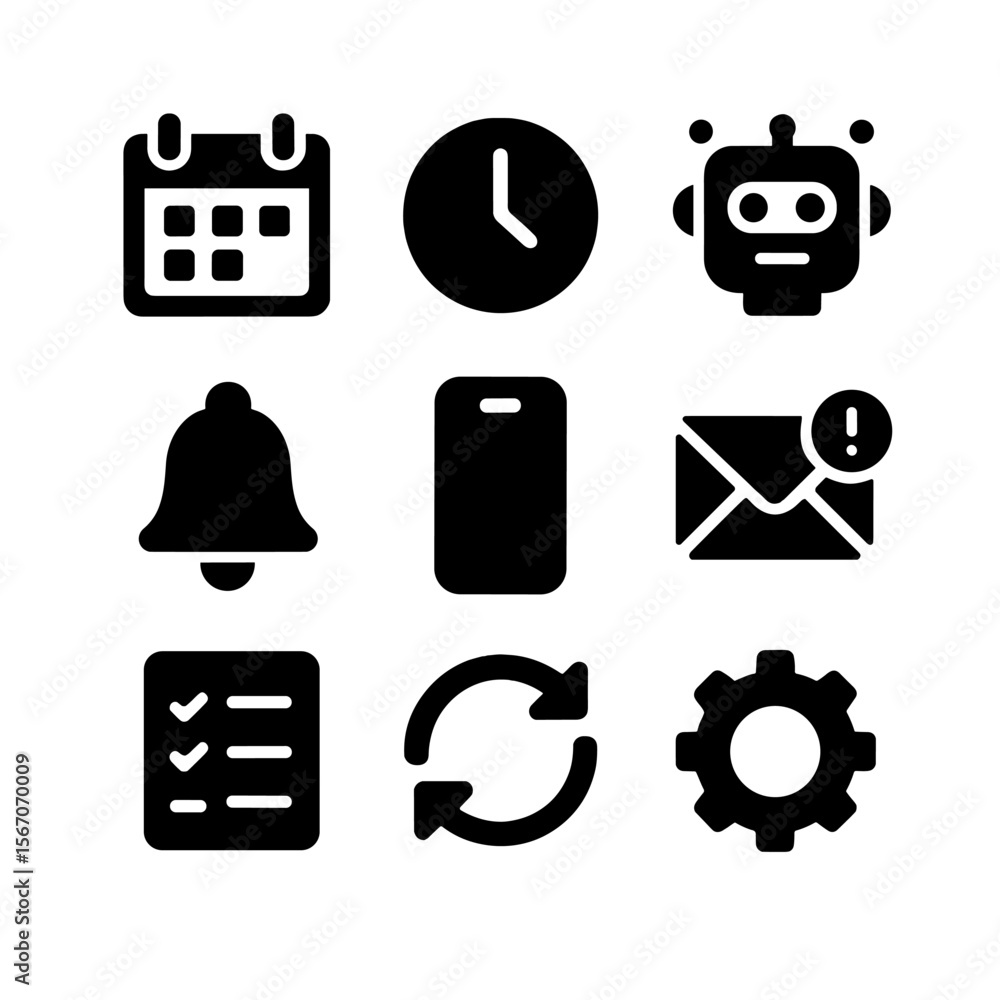 Poster ai scheduling icons. solid, filled icon set of scheduling automation with ai tools: calendar, clock,