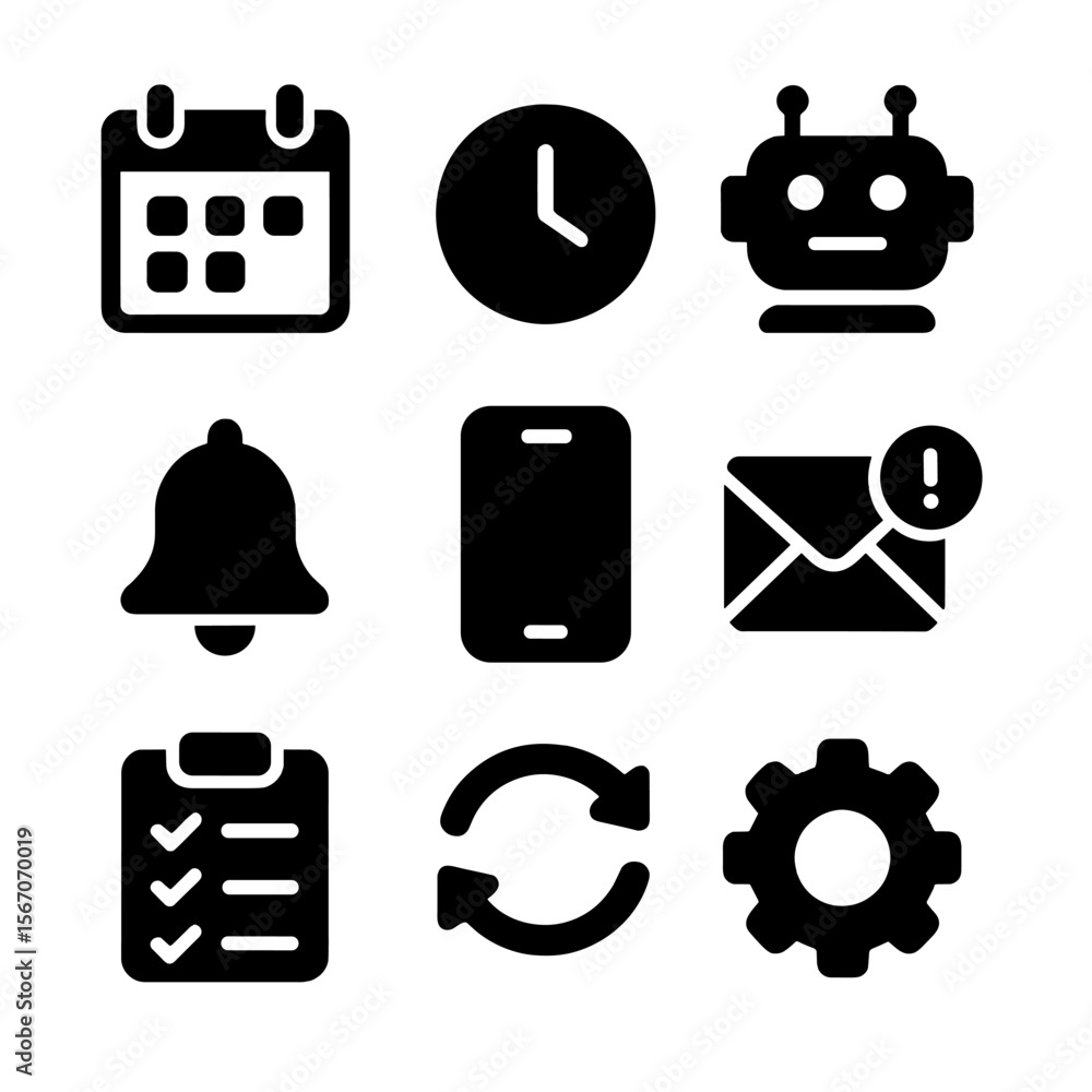 Poster ai scheduling icons. solid, filled icon set of scheduling automation with ai tools: calendar, clock,