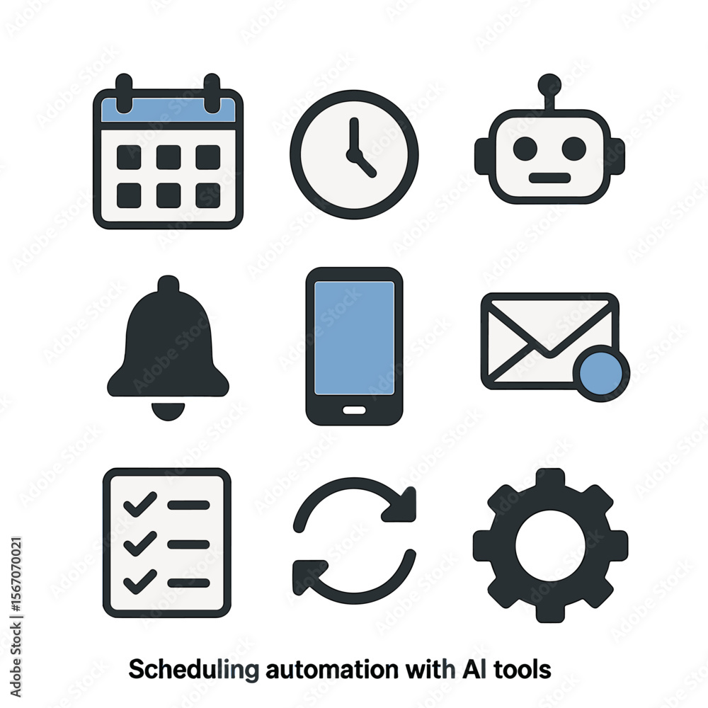 Poster ai scheduling icons. flat icon set of scheduling automation with ai tools: calendar, clock, ai bot, 