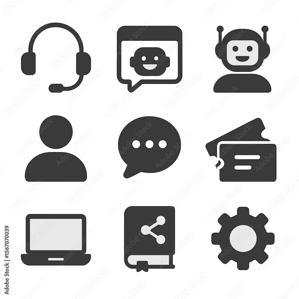 Poster ai support icons. flat icon set of ai-driven customer support: headset, chatbot window, ai assistant