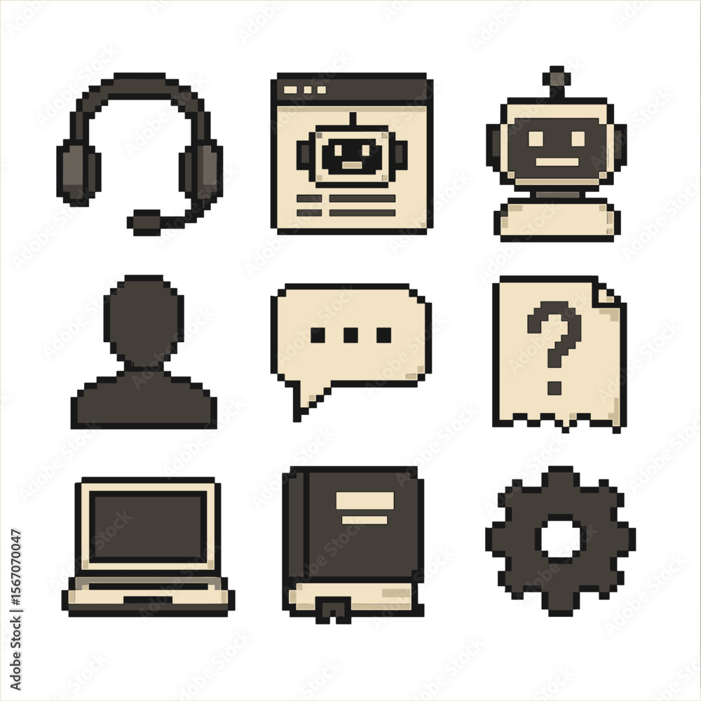 Poster ai support icon set. pixel art icon set of ai-driven customer support: headset, chatbot window, ai a