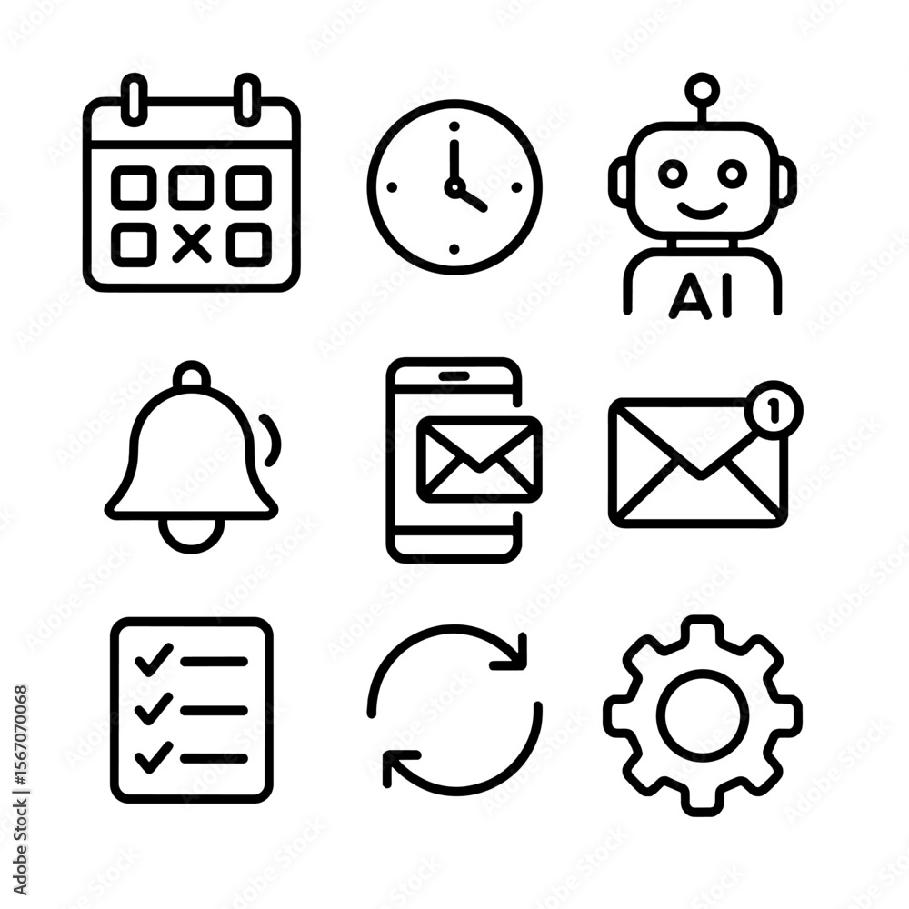 Poster ai scheduling icons. outline icon set of scheduling automation with ai tools: calendar, clock, ai bo