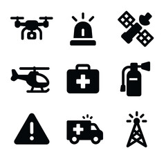 Disaster Response Icons. Solid, filled icon set of disaster response tech: drone, emergency signal, satellite, rescue helicopter,