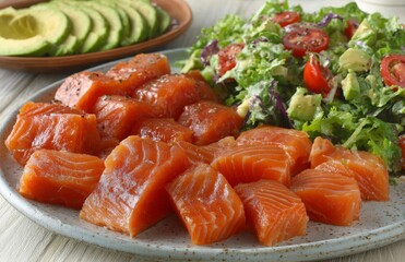 A nutritious and balanced meal option, the fresh salmon salad with avocado, cucumber, and green leaves, is perfect for vegetarians, dieters, and health-conscious individuals, and can be found on the