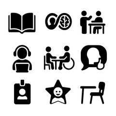 Inclusive Education Icons. Solid, filled icons set of inclusive education for mental health: open book,