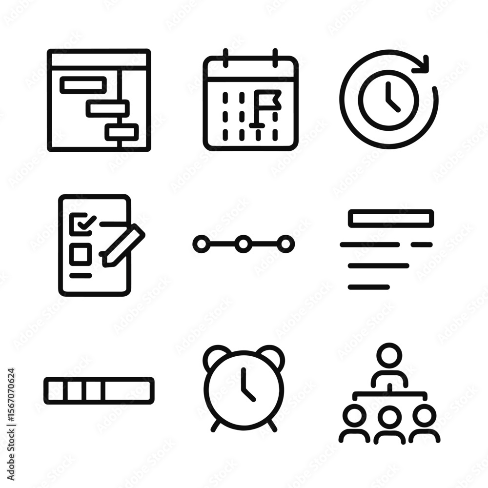 Poster project management icons. outline icon set of project scheduling and timeline: gantt chart, calendar