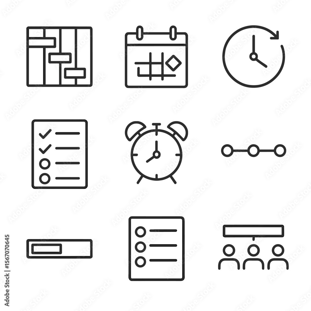 Poster project management icons. outline icon set of project scheduling and timeline: gantt chart, calendar