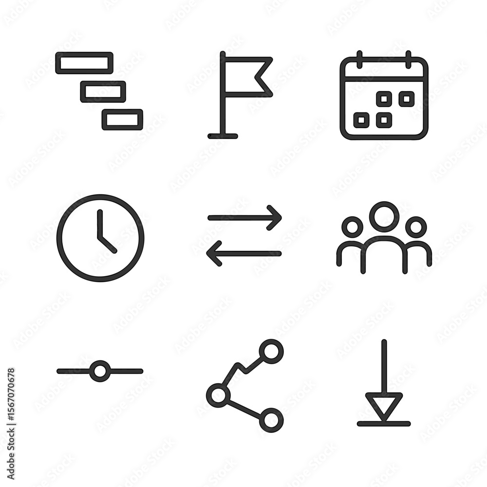 Aufkleber project timeline icons. outline icon set of project timeline and scheduling: gantt chart bar, milest