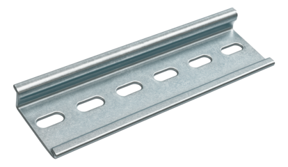 A zinc-coated DIN rail intended for organizing circuit protectors within a compact apartment electrical box.