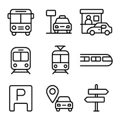 Airport Transport Icons. Outline icon set of airport transportation: shuttle bus, taxi stand, rental car kiosk, train carriage,