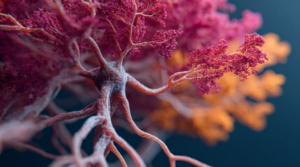 An abstract representation of neural cells with glowing links is set against a backdrop of vibrant blue and pink gradients