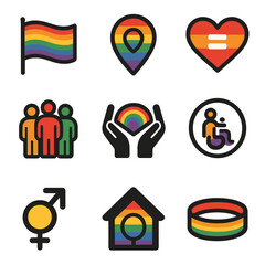 LGBTQ+ Advocacy Icons. Solid, filled icons set of LGBTQ+ youth advocacy: rainbow flag, pride pin, equality