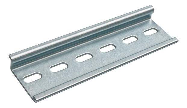 A zinc-coated DIN rail intended for organizing circuit protectors within a compact apartment electrical box.
