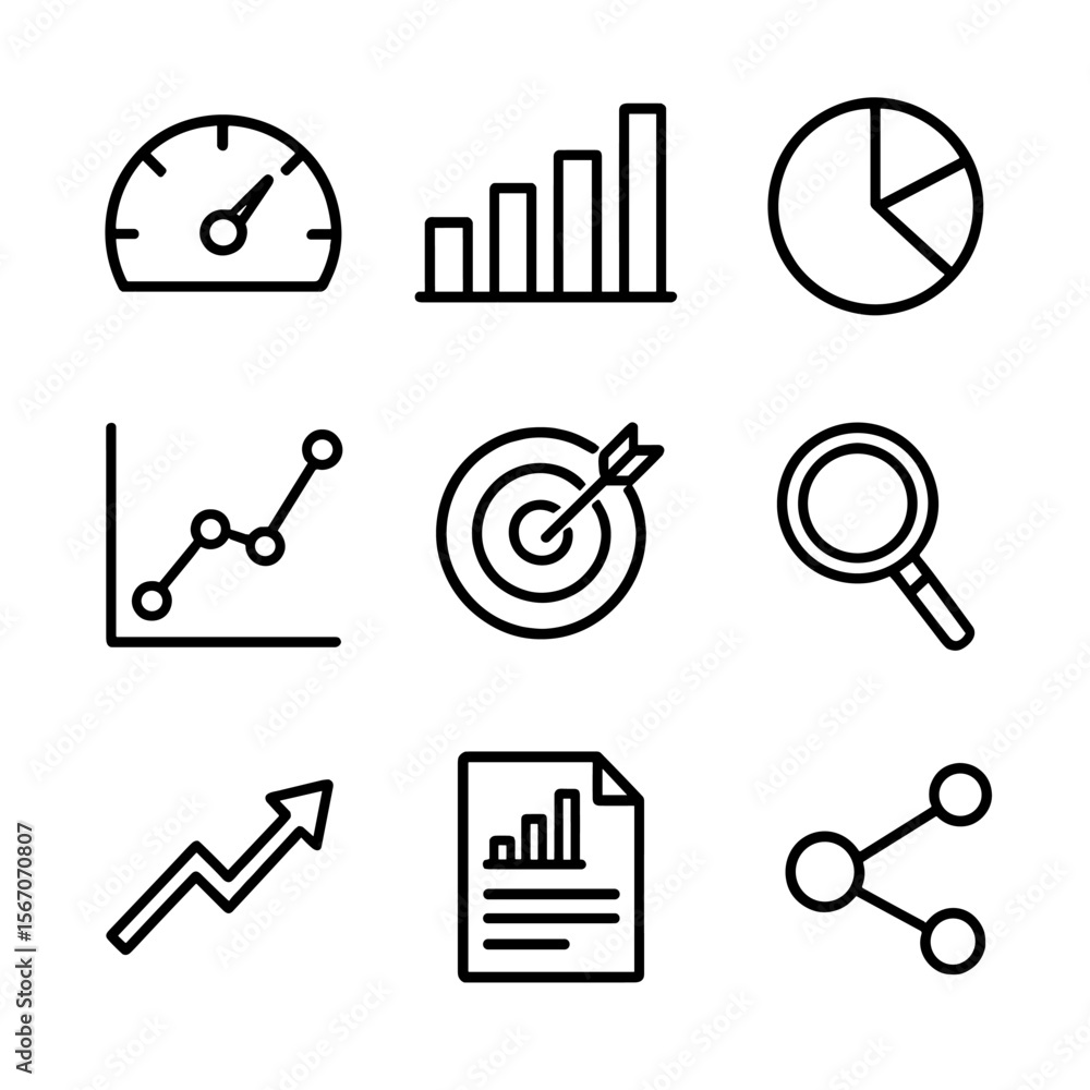 Poster analytics icon set. outline icon set of analytics and reporting: dashboard gauge, bar chart, pie cha