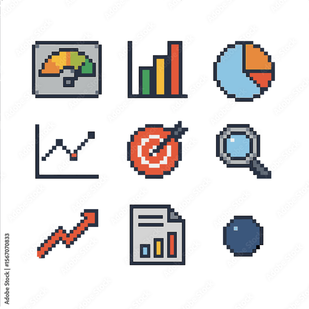 Aufkleber analytics icon set. pixel art icon set of analytics and reporting: dashboard gauge, bar chart, pie c