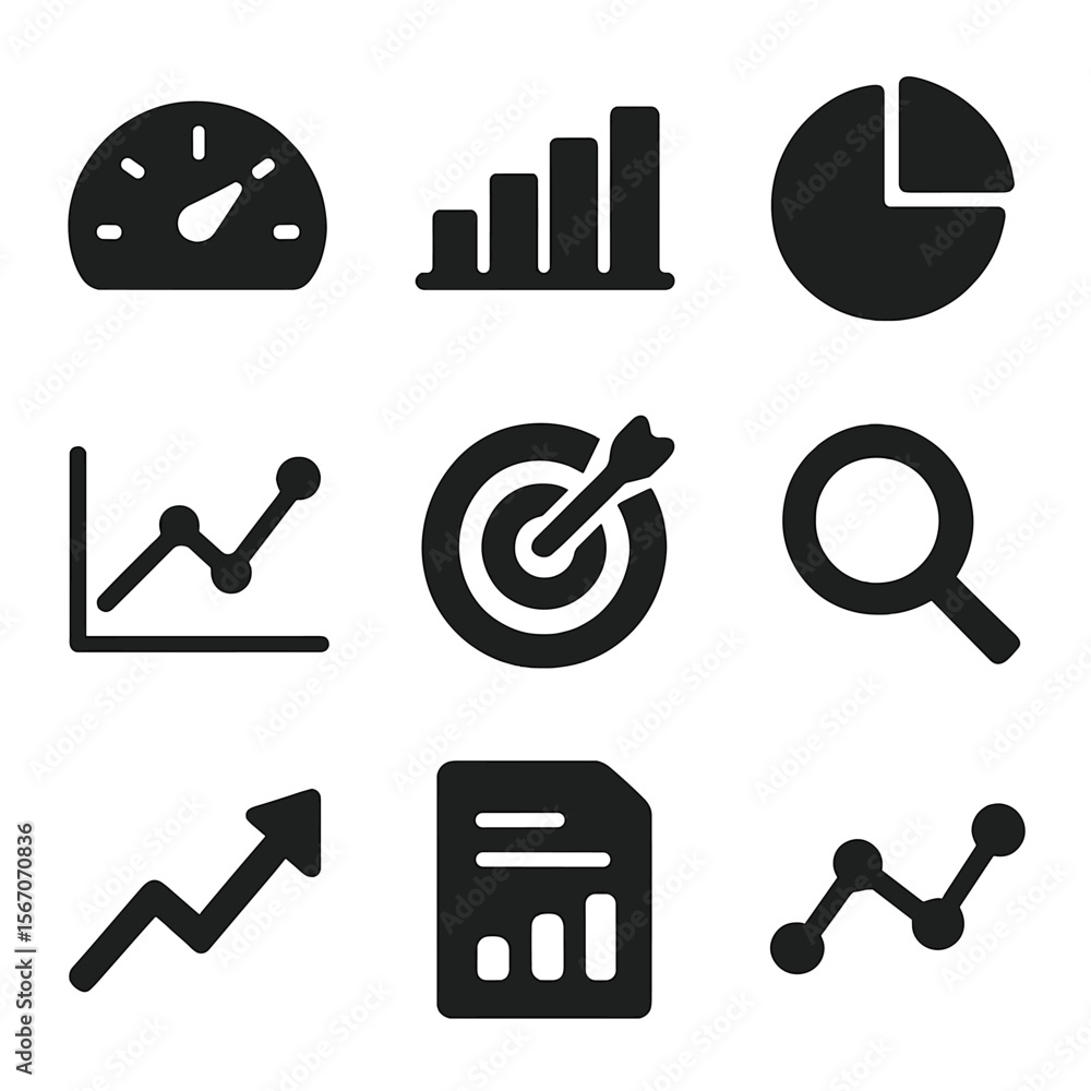 Poster analytics icon set. solid, filled icon set of analytics and reporting: dashboard gauge, bar chart, p
