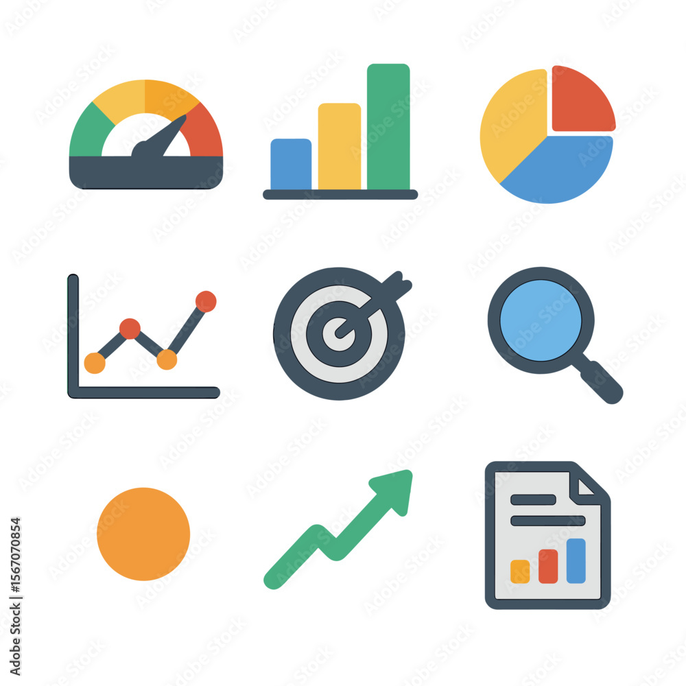 Aufkleber analytics icon grid. flat icon set of analytics and reporting: dashboard gauge, bar chart, pie chart