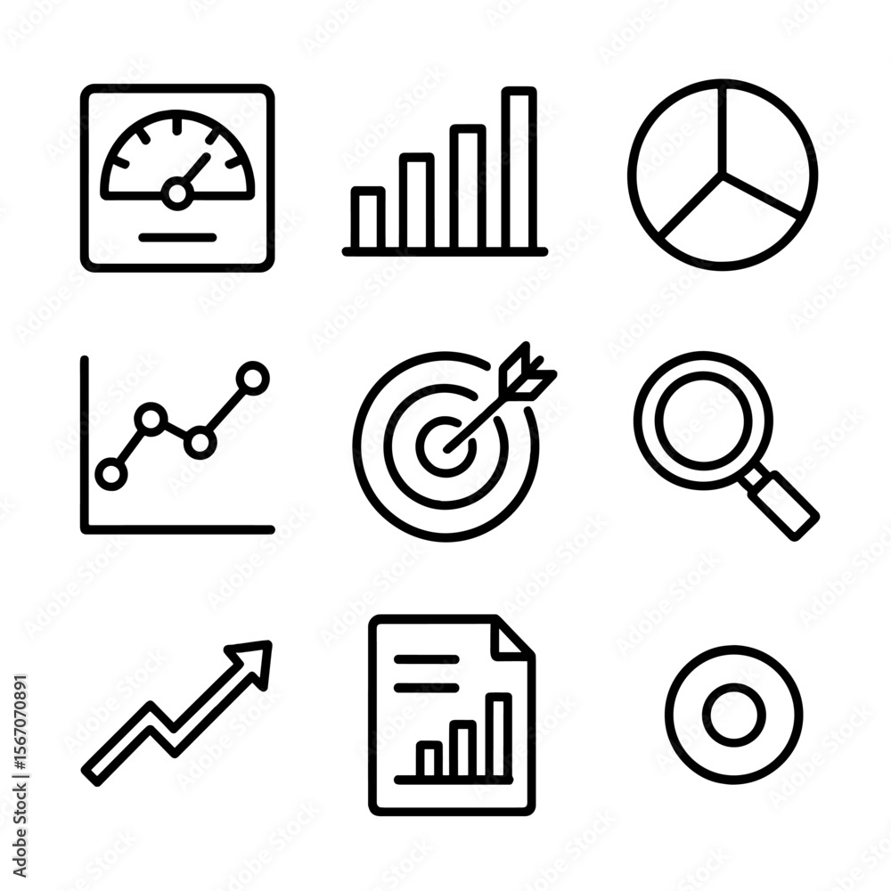 Aufkleber analytics icon set. outline icon set of analytics and reporting: dashboard gauge, bar chart, pie cha