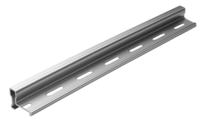A long, anodized aluminum DIN rail utilized for organizing control relays in a large residential workshop.