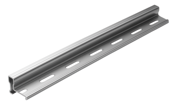 A long, anodized aluminum DIN rail utilized for organizing control relays in a large residential workshop.