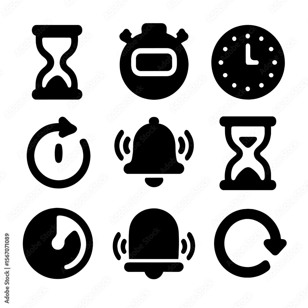 Poster classroom timer icons. solid, filled icon set of classroom timers: sand timer, digital stopwatch, wa
