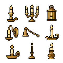Antique Candle Holder Icons. Pixel art icon set of antique candle holders: brass candlestick, candelabra, lantern, wall sconce,