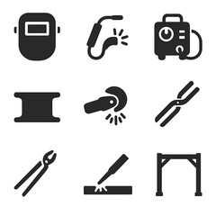 Metalwork Tools Icons. Solid, filled icons set of steelwork and metal construction tools: welding mask, plasma