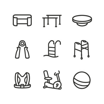 Rehabilitation Tools Icons. Outline icon set of rehabilitation and therapy tools: therapy resistance band, parallel bars, balance