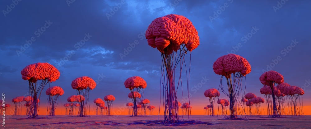 Poster a sunset scene depicts brains interconnected by a kaleidoscope of neural networks, symbolizing artif