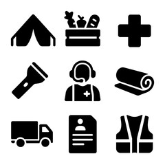 Emergency Relief Icons. Solid, filled icons set of emergency relief centers: tent icon, food crate, medical