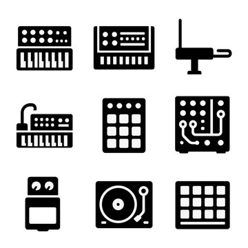 Electronic Instrument Icons. Solid, filled icon set of iconic electronic instruments: Moog synthesizer, Roland TR-808, Theremin,