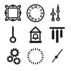 Clock Icon Collection. Solid, filled icon set of clock decorations: ornate clock frame, Roman numerals, clock hands with detail,
