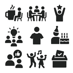 Office Culture Icons. Solid, filled icon set of office culture: coffee break, team lunch, award ceremony, brainstorming session,