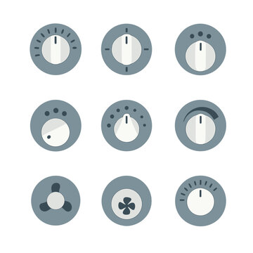 Appliance Knob Icons. Flat icon set of appliance knob collection: oven knob, stove burner knob, grill control knob, fridge