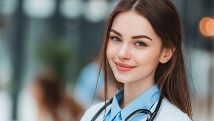 The image features a smiling and confident female doctor in a clinical setting, wearing a lab coat and stethoscope, symbolizing a trustworthy healthcare professional