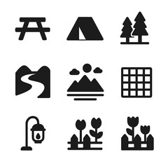 Outdoor Cooking Icon Set. Solid, filled icon set of outdoor cooking settings: picnic table, camping tent, forest, river, mountain,