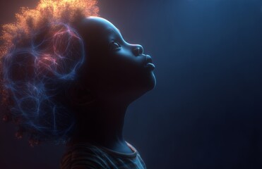 A child's profile is depicted with a glowing blue neural network brain, symbolizing AI concept brain neural connections and artificial intelligence, highlighting cognitive abilities and learning, set