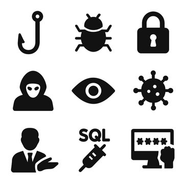 Cyber Threat Icons. Solid, filled icon set of cyber attack types: phishing hook, malware bug, ransomware lock, hacker hood,