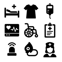 Patient Care Icons. Solid, filled icon set of patient care essentials: hospital bed, patient gown, IV drip, heart monitor,