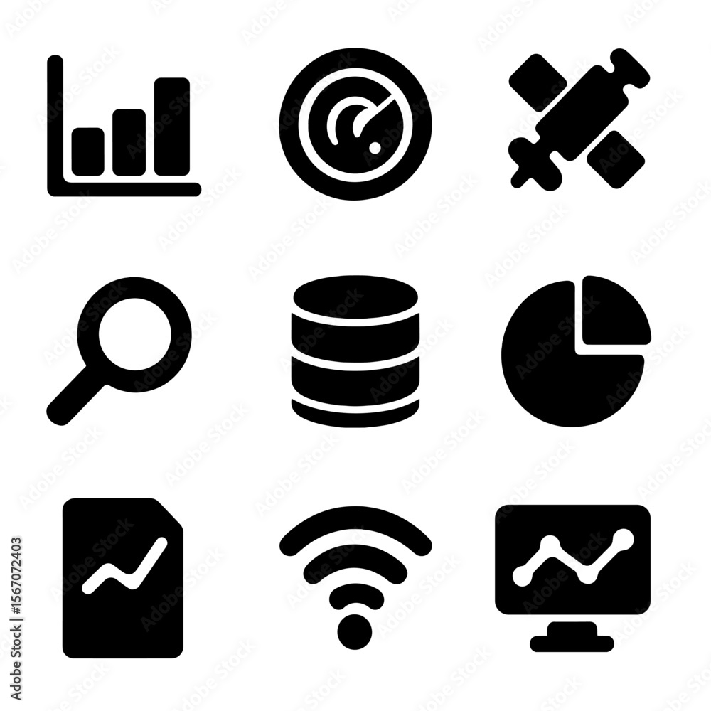 Poster data analysis icons grid. solid, filled icon set of monitoring and data analysis: graph, radar, sate