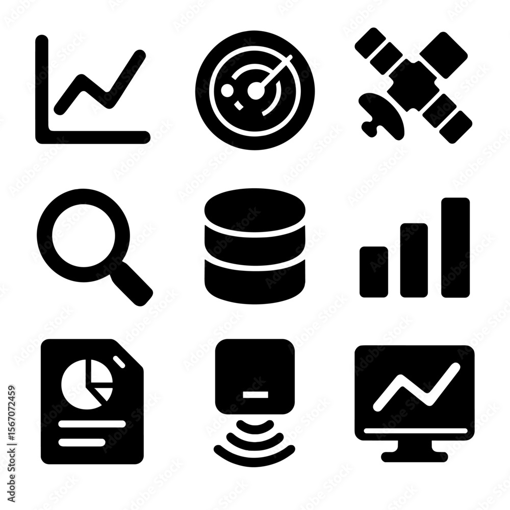 Poster data analysis icons grid. solid, filled icon set of monitoring and data analysis: graph, radar, sate