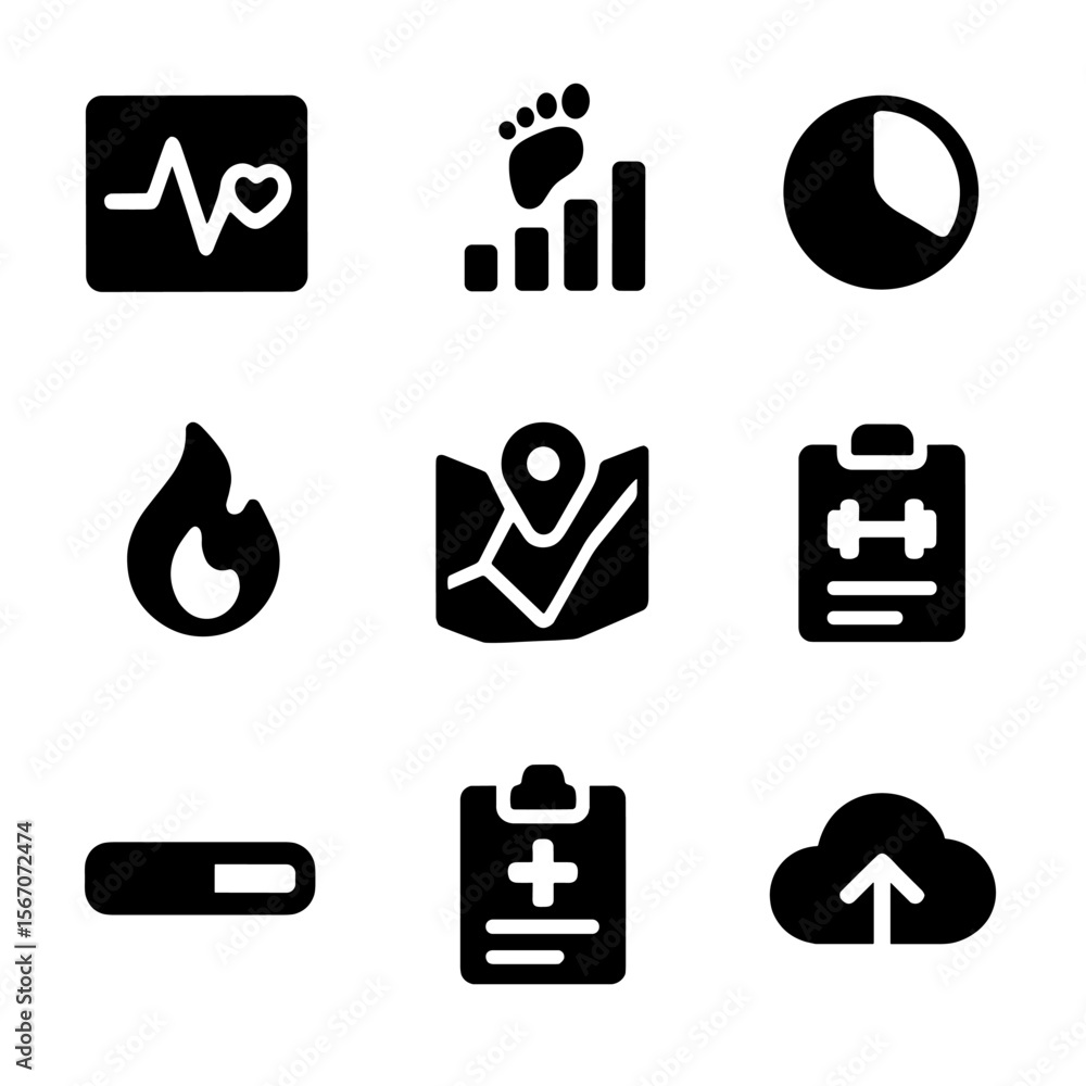 Poster data analytics icons. solid, filled icon set of data and analytics: heart rate graph, step count cha