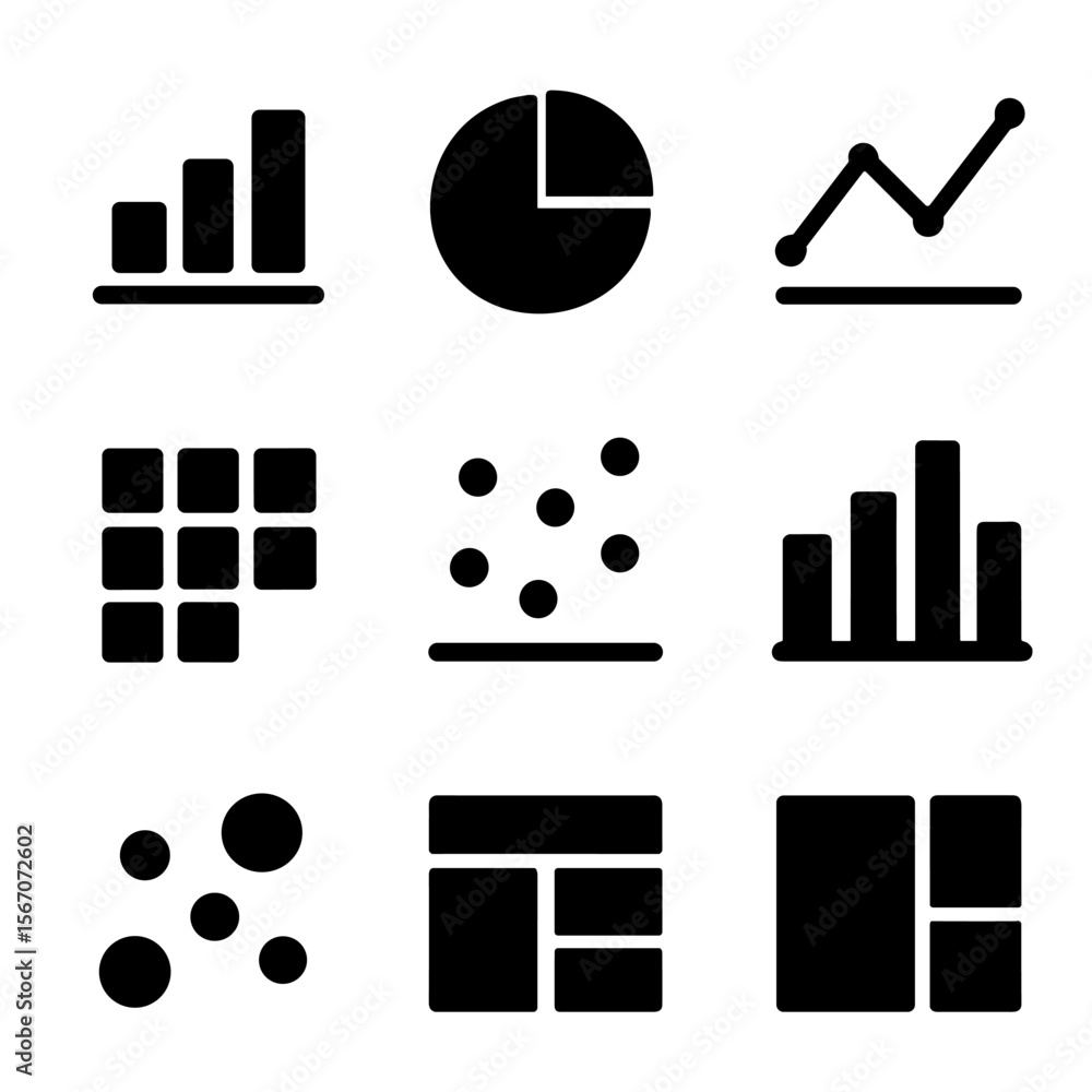 Poster data visualization icons. solid, filled icon set of data visualization techniques: bar chart, pie ch