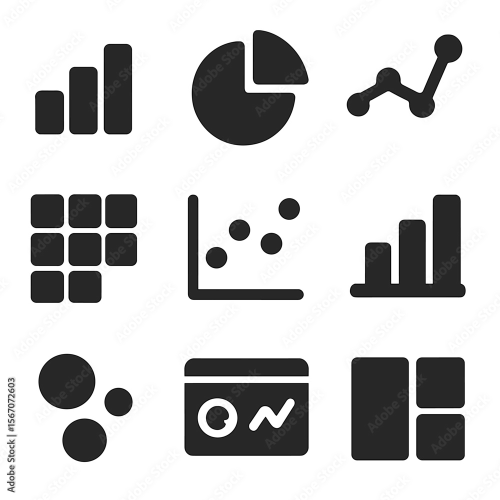 Poster data visualization icons. solid, filled icon set of data visualization techniques: bar chart, pie ch