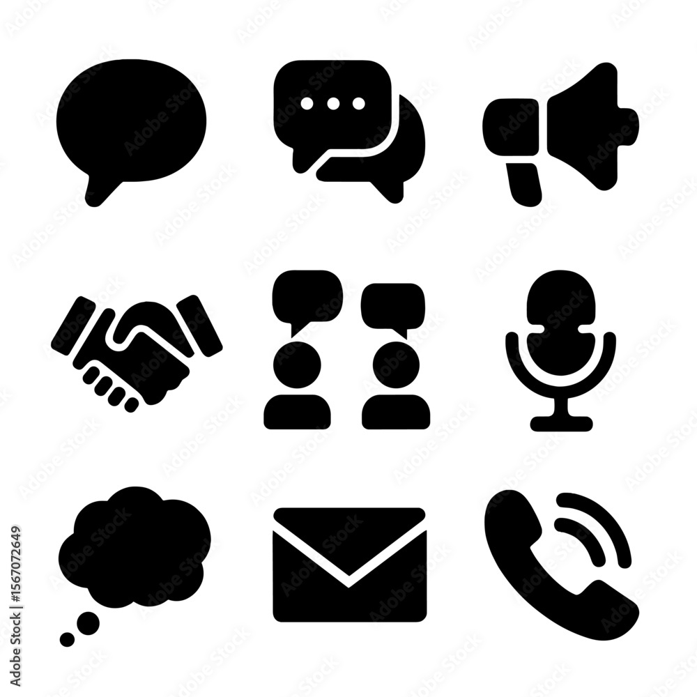 Poster communication icons grid. solid, filled icon set of dialogue and communication: speech bubble, chat 