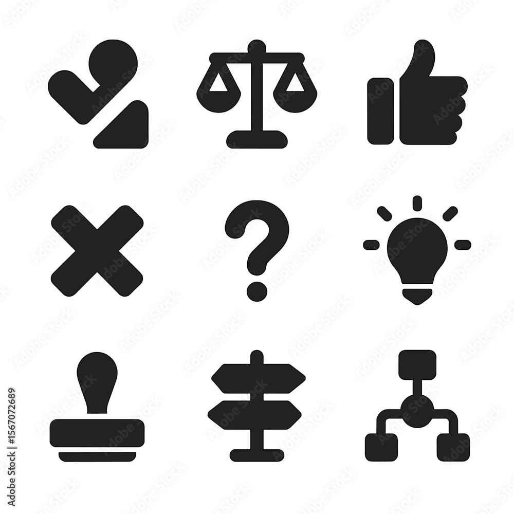 Poster decision icons grid. solid, filled icon set of persona decision making: check mark, cross mark, weig