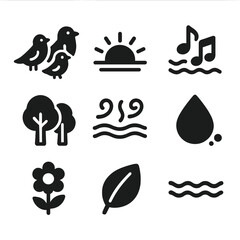Dawn Chorus Icons. Solid, filled icon set of dawn chorus: multiple birds, sun rising, trees, musical notes, fog, dew, flower, leaf