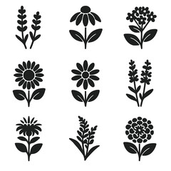 Pollinator Garden Icons. Solid, filled icons set of garden plants for pollinators: lavender, coneflower,